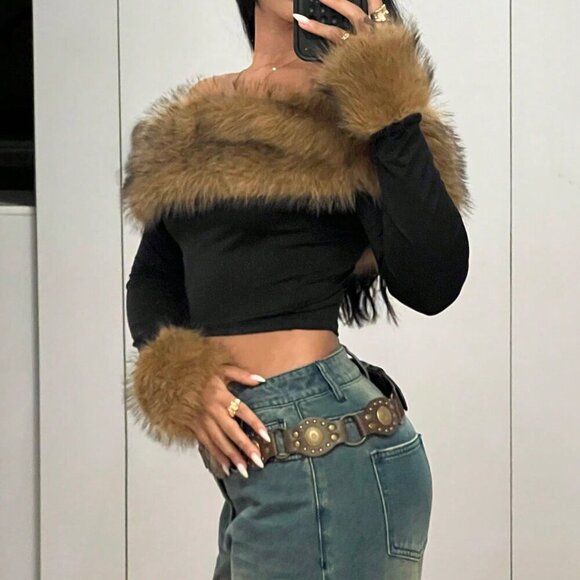 Multicolor Casual Women's Fluffy Collar Splice Off Shoulder Long Sleeve T-Shirt - Picture 6 of 6